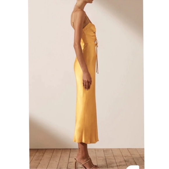 NWT Shona Joy Alma Lace Up Midi Dress Cocktail Cut Out Satin Gold Yellow Size 10 - Picture 12 of 12